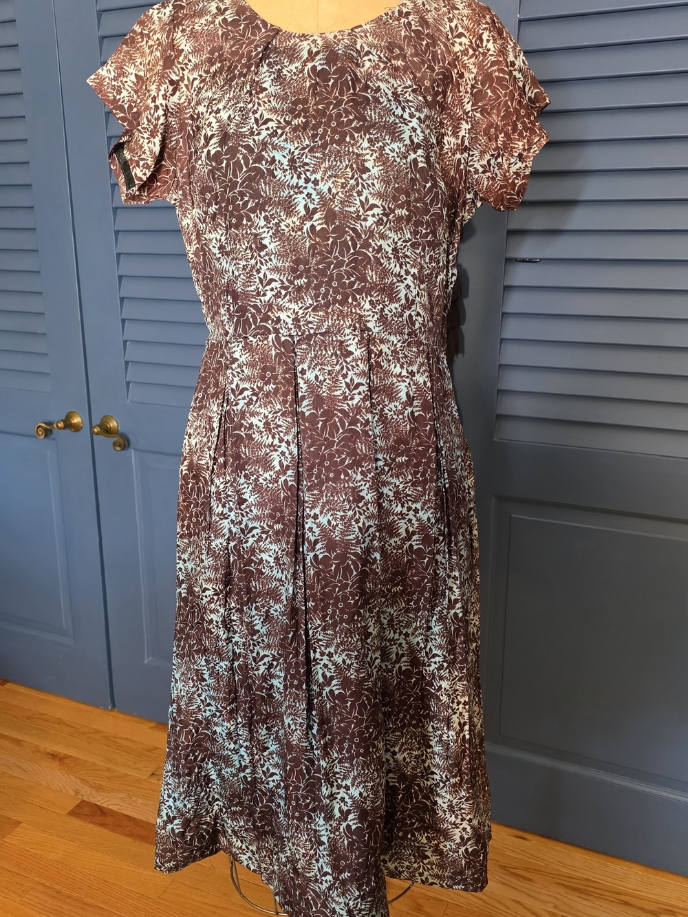 True VTG 1940s Botanical Foliage Dress Original Metal Side Zipper Brown Blue XL